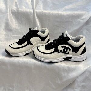 Chanel Cream and Black CC Suede Sneakers